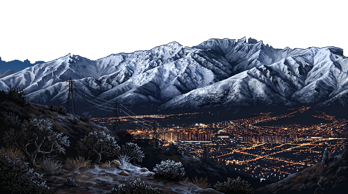 Snow-capped mountains at night above a lit city, with power transmission towers on a hill.